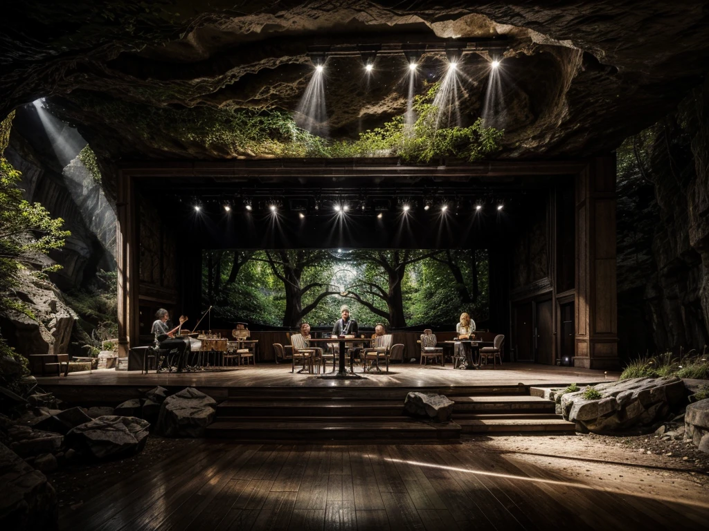 cafe restaurant, a music stage in a cave, big stage, tone white, spotlights, natural lighting, musical equipment, guitars, pianos, drum sets, trumpets, realistic, surreal,
Wide space, trees around, glass windown big, Realistic,Photorealism
