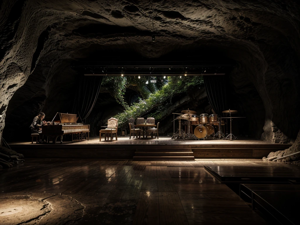 
cafe restaurant, a music stage in a cave, big stage, tone white, spotlights, natural lighting, musical equipment, guitars, pianos, drum sets, trumpets, realistic, surreal,
Wide space, trees around, glass windown big, Realistic,Photorealism