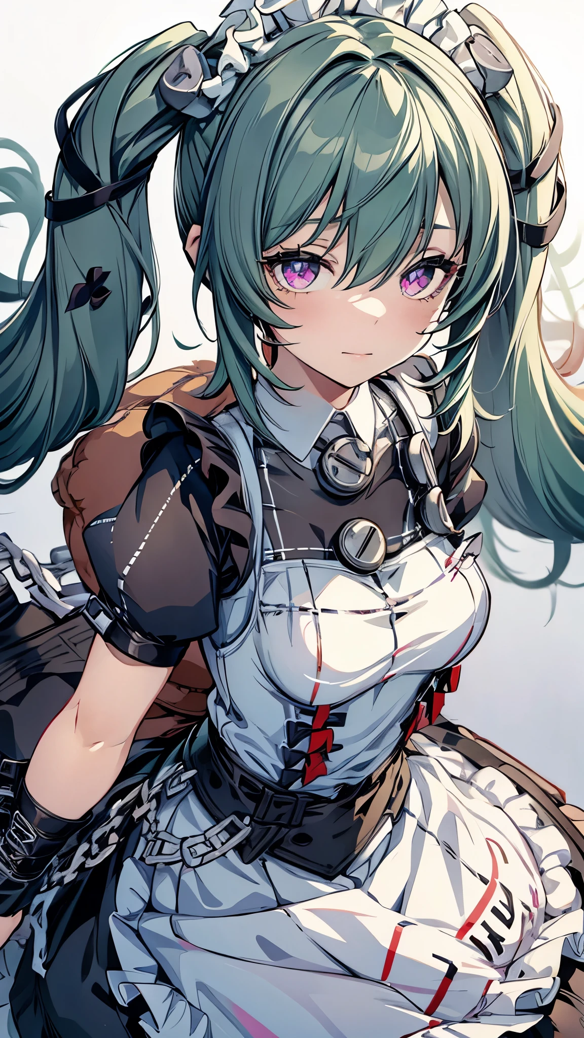 upper body,corin,1girl,solo,chibi,Very young,Short neck,Small breasts,Purple eyes,(Captivating smile:0.8), Twin tails, Maid,Green Hair,handcuffs,(wariza:1.5),white panty,masterpiece,Noise Reduction,perfect anatomy,high resolution, ultra-detailed, ultra-detailed face,game cg,dutch angle ,beautiful detailed eyes,visualart,five fingers, perfect hands, perfect lighting, sparkling pupils,