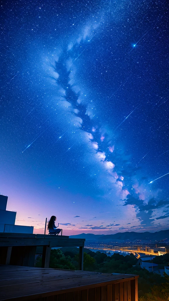 null, star, landscape, starry null, night, girl, night null, alone, Outdoor, sign, building, cloud, milky way, Sitting, wood、Long Hair, city, silhouette, cityscape