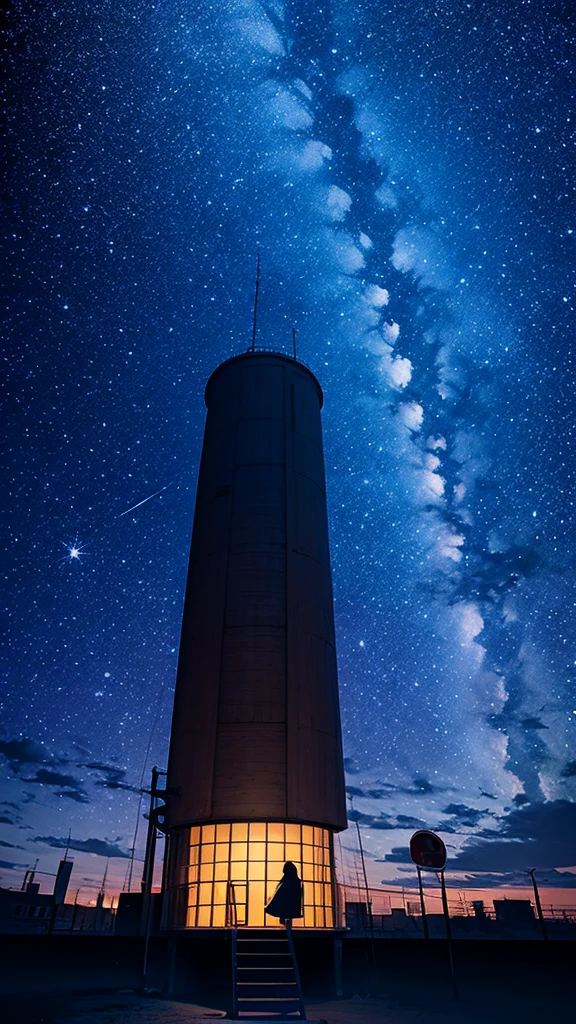 null, star, landscape, starry null, night, girl, night null, alone, Outdoor, sign, building, cloud, milky way, Sitting, wood、Long Hair, city, silhouette, cityscape