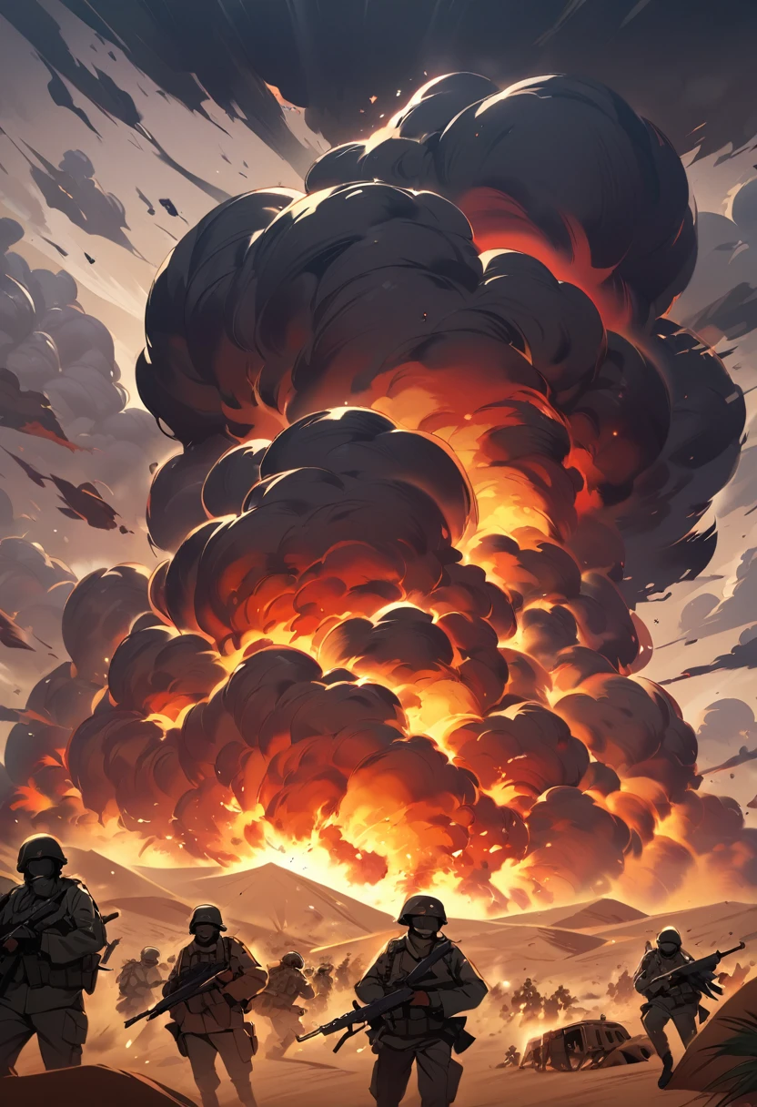 Terrorists, soldiers, black terrorists, war, desert, night, blood, sandstorm, chaos, nuclear explosion