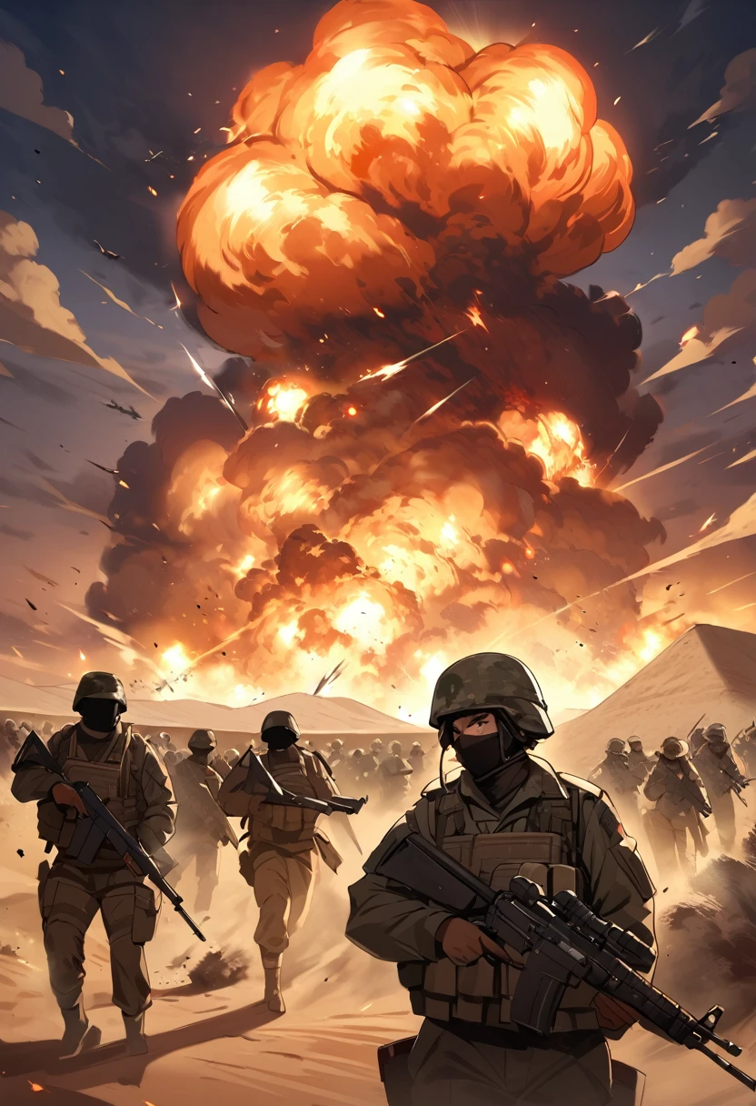 Terrorists, soldiers, black terrorists, war, desert, night, blood, sandstorm, chaos, nuclear explosion