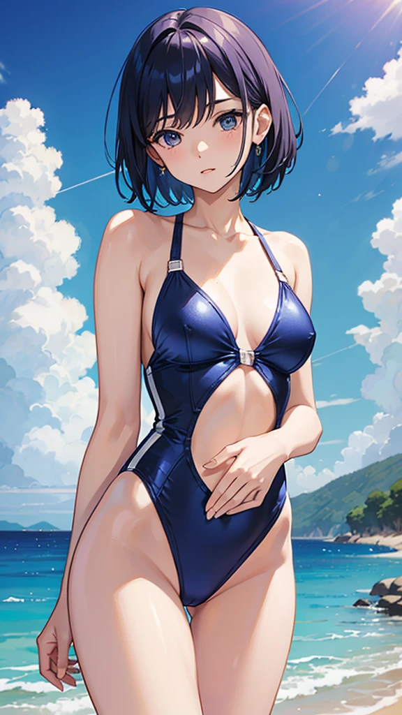 Swimsuit　Ultramarine short hair　22 years old　A plain adult woman　Small breasts　Directly facing　universe space