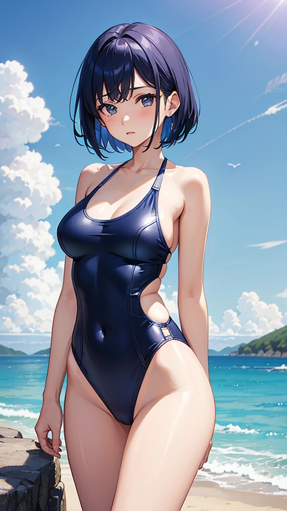 Swimsuit Ultramarine short hair 22 years old A plain adult woman Small breasts Directly facing universe space