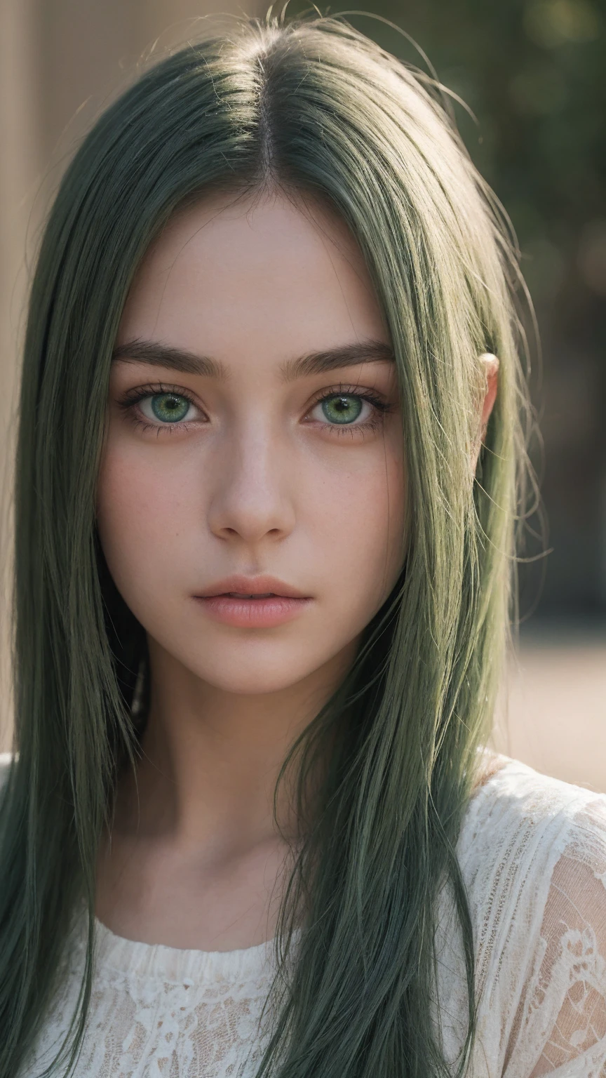 a girl.  Europe.  detailed face.  delicate facial features.  long face.  pointed chin.  Oval face.  sad expression.  green hair.  green eyes.  long straight hairstyle.  messy hair.  thin lips.  look directly