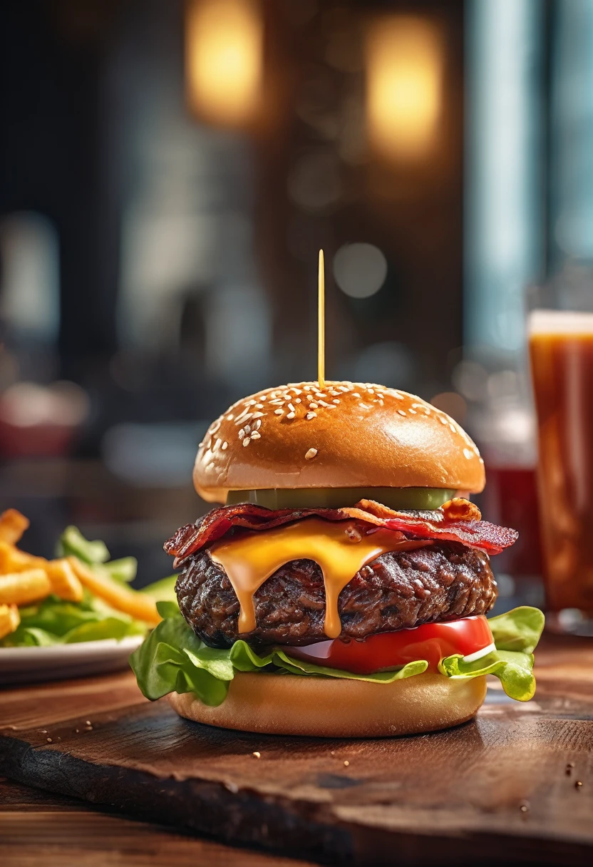 ((Gourmet Burger)), ((Ultra-Realistic Rendering)), ((Juicy pate)), ((Carefully crafted toppings)), ((Sesame bread)), ((Melting cheese)), ((Chris Pletas)), ((Sizzling bacon)), ((Add the sauce)), ((Angled close-up image)), ((Culinary masterpieces)), ((Vibrant colors)), ((Appetizing presentation)), ((Artistic plating)), ((Soft natural light)), ((Bokeh Background)), ((Flavorful atmosphere)), ((Gastronomic Delights)), ((Focus distance 85mm)), ((Sony A7R IV)), ((wide aperture)), ((Definition of 8k)), ((Inspired by food art)), ((Emotionally engaging)), ((Culinary Innovation)) A fast food hamburger set that also comes with a cola and fries