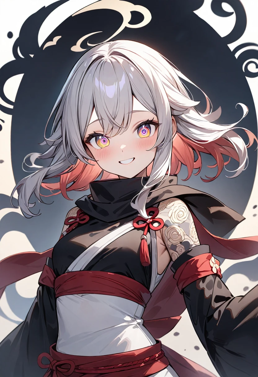 (masterpiece, top quality, very aesthetic, 4k、illustration), intricate detail, 1girl,Standing 、(upper body)、smile、(Swirling eyes:1.3),Cute 、Random Hair Color、,middle hair,sidelock ,Random Color　eyes、ninja clothes、small breasts、Slim 、