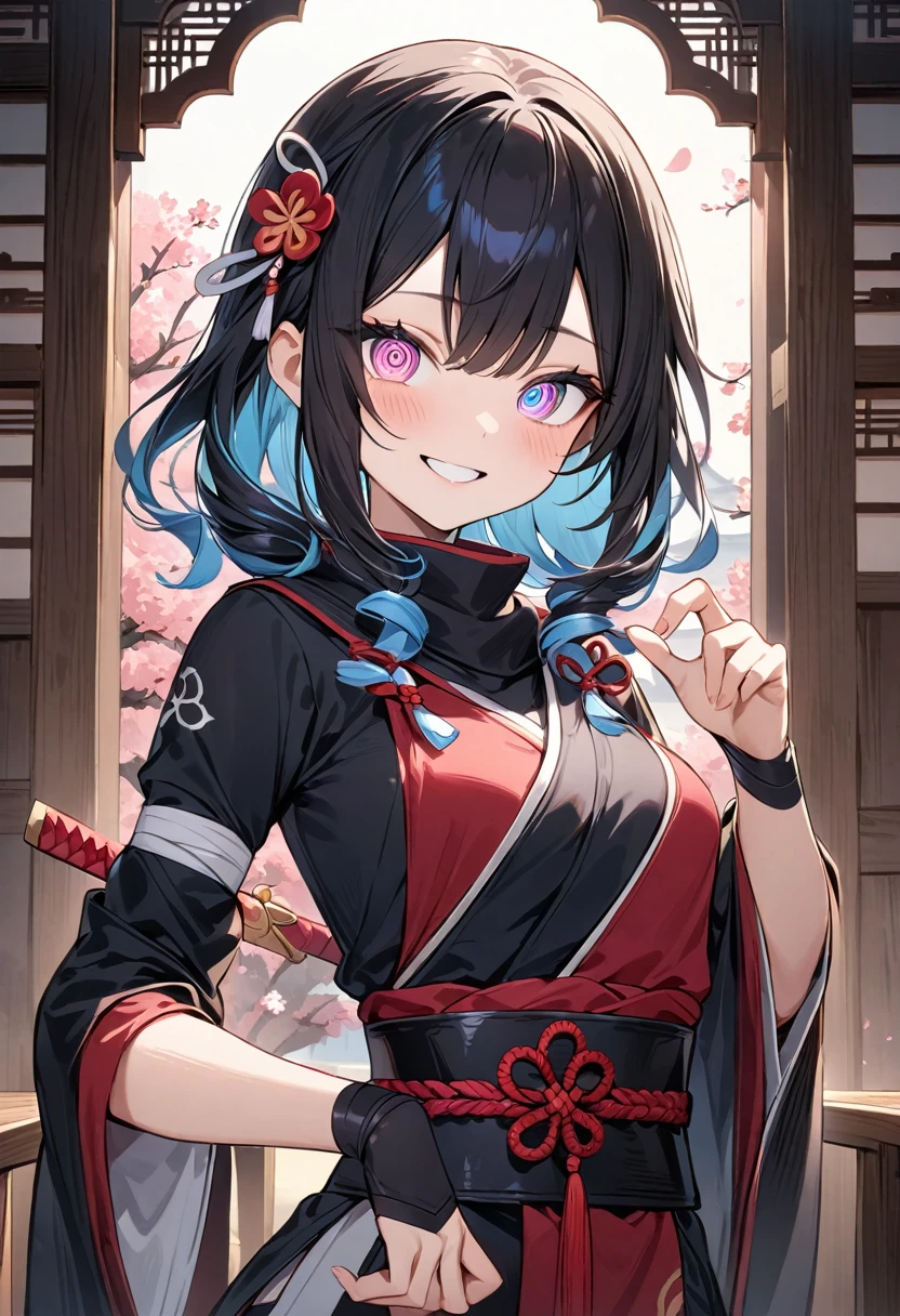 (masterpiece, top quality, very aesthetic, 4k、illustration), intricate detail, 1girl,Standing 、(upper body)、smile、(Swirling eyes:1.3),Cute 、Random Hair Color、,middle hair,sidelock ,Random Color　eyes、ninja clothes、small breasts、Slim 、