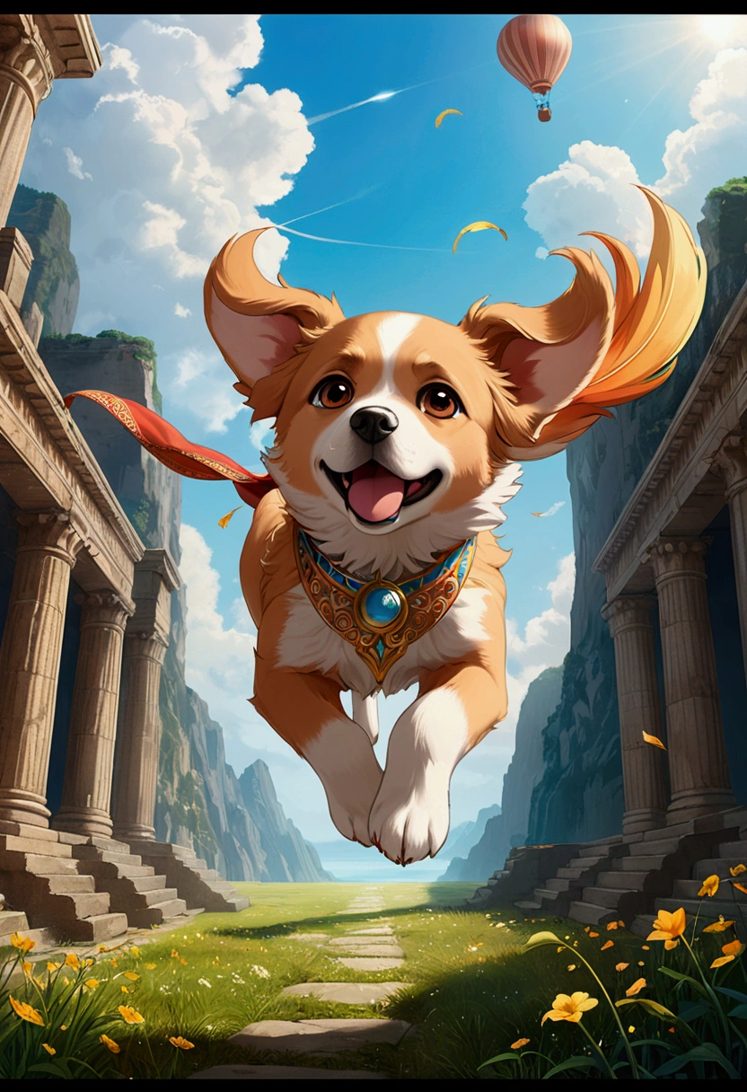 (Flying Puppy), sky, in Folk Art style, featuring (sky blue and sun yellow) traditional motifs, full body, award-winning, cinematic still, emotional, vignette, dynamic, vivid, (masterpiece, best quality, Professional, perfect composition, very aesthetic, absurdres, ultra-detailed, intricate details:1.3)​
