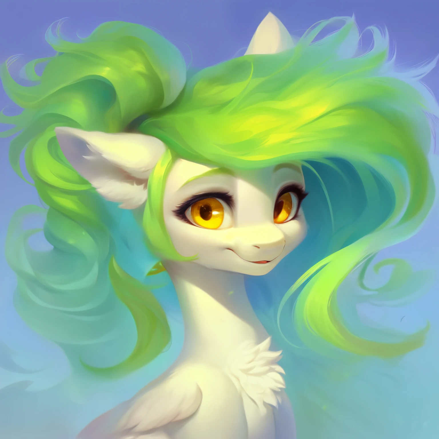rating_safe, score_9, fluffy,   a child ， a little pegasus pony with spread wings. She had white skin, a soft natral green mane, long mane，a happy smile, and innocent and clear golden eyes. happily，Childlike innocence。only 2 wings。She is a spiritually curious child。
