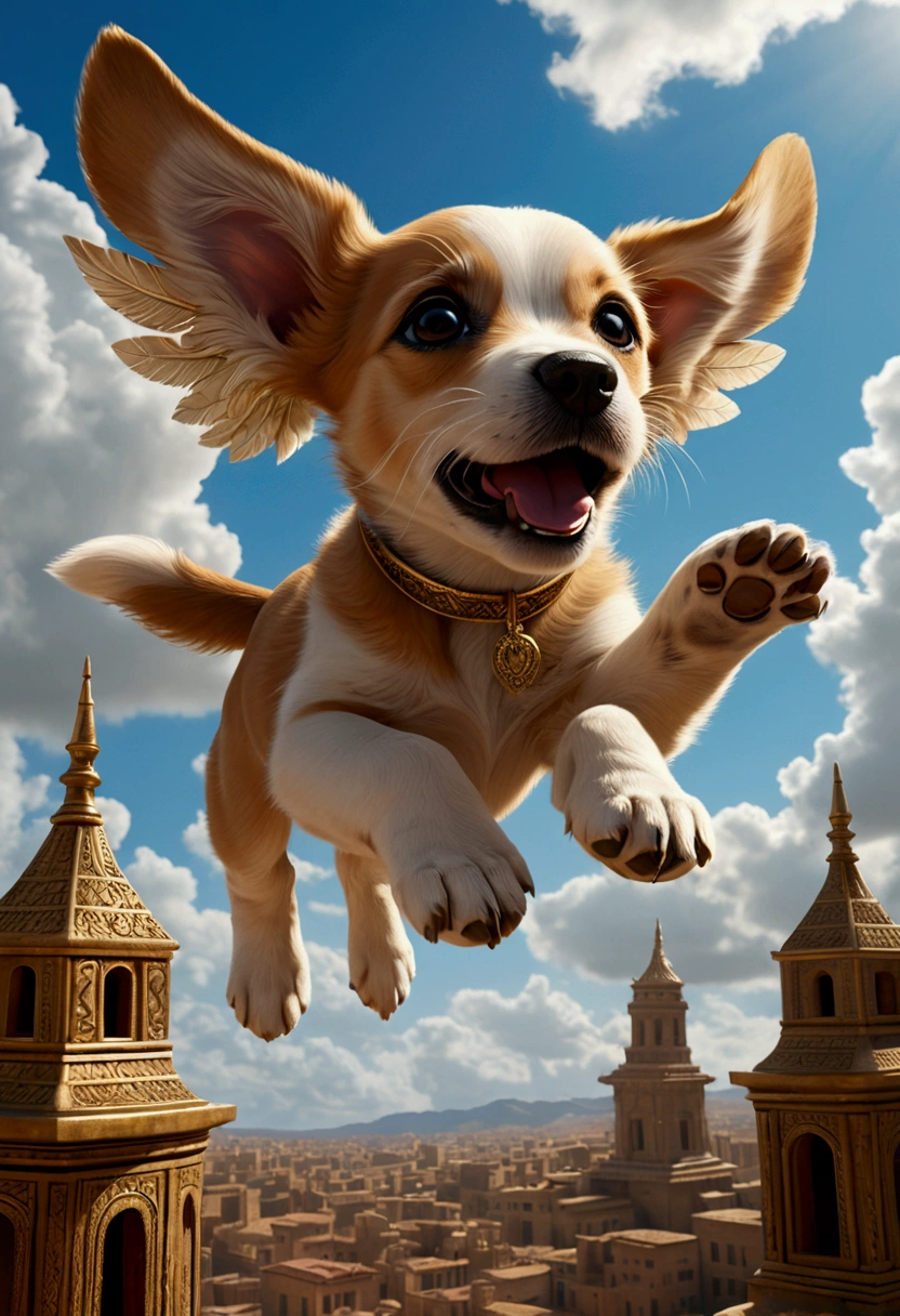 (Flying Puppy), sky, sing with the wind, a tapestry of memories and dreams, revealing and hiding ancient secrets with each gust, a testament to the fleeting nature of time, full body, award-winning, cinematic still, emotional, vignette, dynamic, vivid, (masterpiece, best quality, Professional, perfect composition, very aesthetic, absurdres, ultra-detailed, intricate details:1.3)