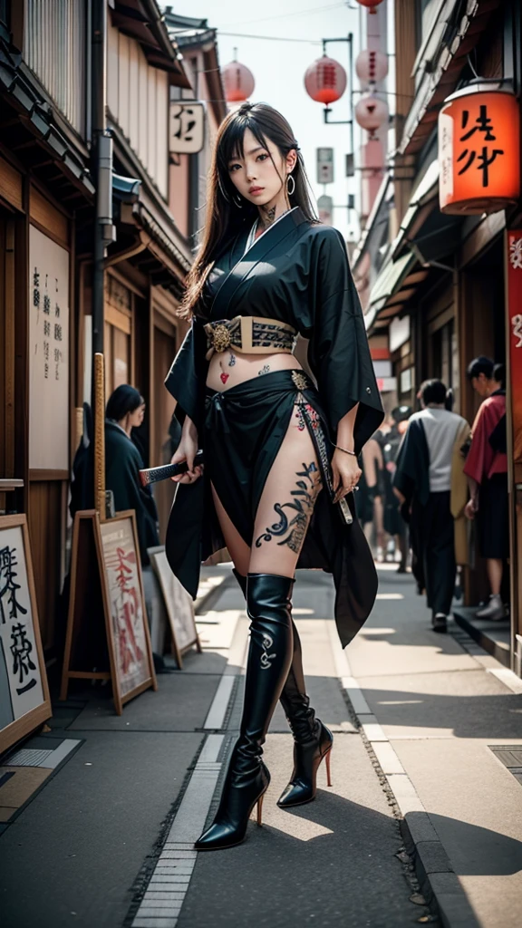 美しい顔Beautiful hot woman, (35 years old), cute face, red lips, white moist skin, moles, (under-eye bags),
BREAK,
Feminine body with high athletic ability, Body of a female fitness model, medium breasts, Feminine body with hard tones, (Muscles: 1.2), (Beautiful belly button),
BREAK,
Fighter, Kung Fu fighter, Idol, (Yakuza), (Yakuza),
BREAK,
(Wearing a cute black kimono: 1.3), (Kimono with a lot of exposure), (Stiletto heels, black long boots 1.3), necklace, very large earrings, short length,
BREAK,
Long brunette hair, (long brunette hair), (Bangs: 1.2), (brunette hair: 1.3), (long hair),
BREAK,
(Very large Japanese sword: 1.4), (Holding the handle of a Japanese sword: 1.3), (Fighting: 1.2), (Getting into a fighting stance), (Beautiful blade of a Japanese sword: 1.2)
BREAK,
(Japanese tattoo: 1.4),
BREAK,
Masterpiece, Perfect lighting, Ultra high resolution, 8K, (Very detailed: 1.4), (From the front), Looking at the camera, Melancholic expression,
BREAK,
(Tokyo city, lots of people in the background: 1.2), Background of the city of Shibuya, Tokyo, Japan,