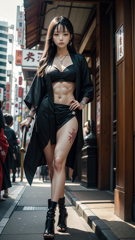 美しい顔Beautiful hot woman, (35 years old), cute face, red lips, white moist skin, moles, (under-eye bags),
BREAK,
Feminine body with high athletic ability, Body of a female fitness model, medium breasts, Feminine body with hard tones, (Muscles: 1.2), (Beautiful belly button),
BREAK,
Fighter, Kung Fu fighter, Idol, (Yakuza), (Yakuza),
BREAK,
(Wearing a cute black kimono: 1.3), (Kimono with a lot of exposure), (Stiletto heels, black long boots 1.3), necklace, very large earrings, short length,
BREAK,
Long brunette hair, (long brunette hair), (Bangs: 1.2), (brunette hair: 1.3), (long hair),
BREAK,
(Very large Japanese sword: 1.4), (Holding the handle of a Japanese sword: 1.3), (Fighting: 1.2), (Getting into a fighting stance), (Beautiful blade of a Japanese sword: 1.2)
BREAK,
(Japanese tattoo: 1.4),
BREAK,
Masterpiece, Perfect lighting, Ultra high resolution, 8K, (Very detailed: 1.4), (From the front), Looking at the camera, Melancholic expression,
BREAK,
(Tokyo city, lots of people in the background: 1.2), Background of the city of Shibuya, Tokyo, Japan,