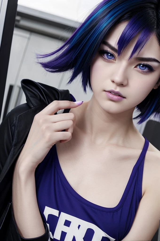 pale test girl,with short shoulder-length hair, black hair with royal blue highlights,purple eyes, mouth piercing,Tokyo revengers anime style with resemblance to Takashi Mitsuya