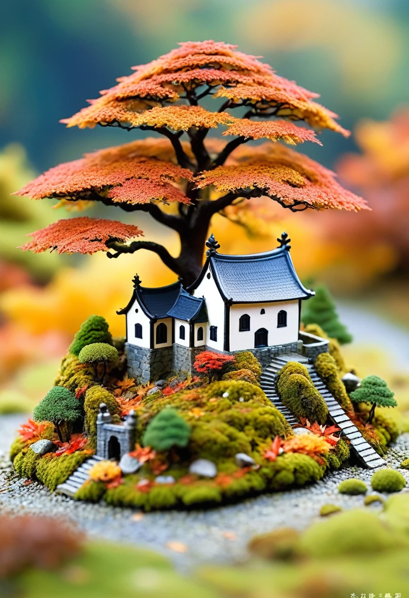 古い城There is浮島, Trees and moss, Miniature World, Tilt Shift Photo, cute. The island has an old castle and moss-covered trees々There is, creating a Miniature World. The photography has a tilt shift effect in the style of cute miniature scenes.autumn、autumn leaves