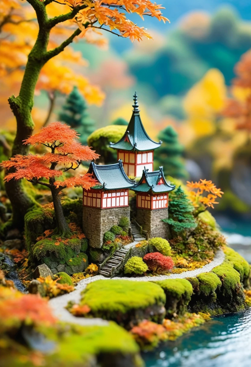 古い城There is浮島, Trees and moss, Miniature World, Tilt Shift Photo, cute. The island has an old castle and moss-covered trees々There is, creating a Miniature World. The photography has a tilt shift effect in the style of cute miniature scenes.autumn、autumn leaves