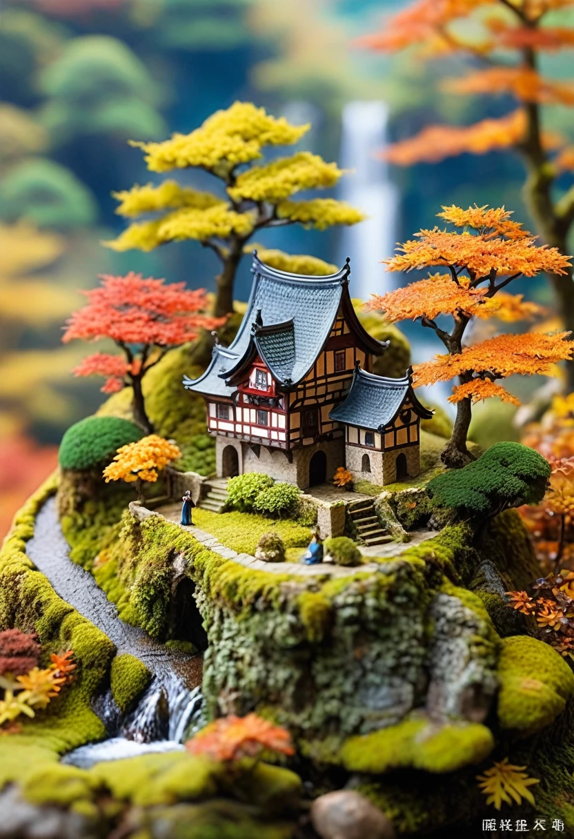 古い城There is浮島, Trees and moss, Miniature World, Tilt Shift Photo, cute. The island has an old castle and moss-covered trees々There is, creating a Miniature World. The photography has a tilt shift effect in the style of cute miniature scenes.autumn、autumn leaves