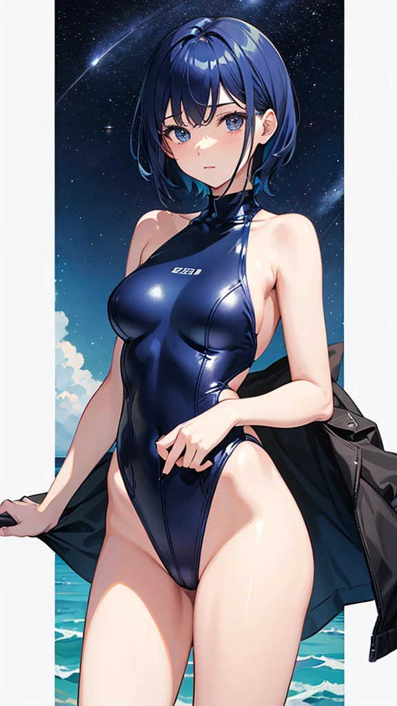 Swimsuit　Ultramarine short hair　22 years old　A plain adult woman　Small breasts　Directly facing　universe space