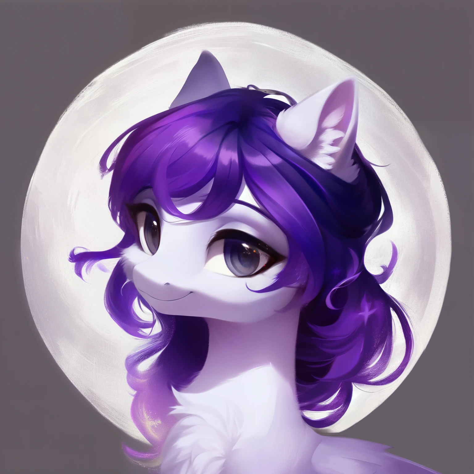 rating_safe, score_9, fluffy, feral pegasus pony, female,Purple body,Black purple mane,Wearing hair,Soft and fine long hair,清澈高傲带有几分温柔的Gray Eyes,Gray Eyes,Smile。bust,Elegant and noble。young,Delicate