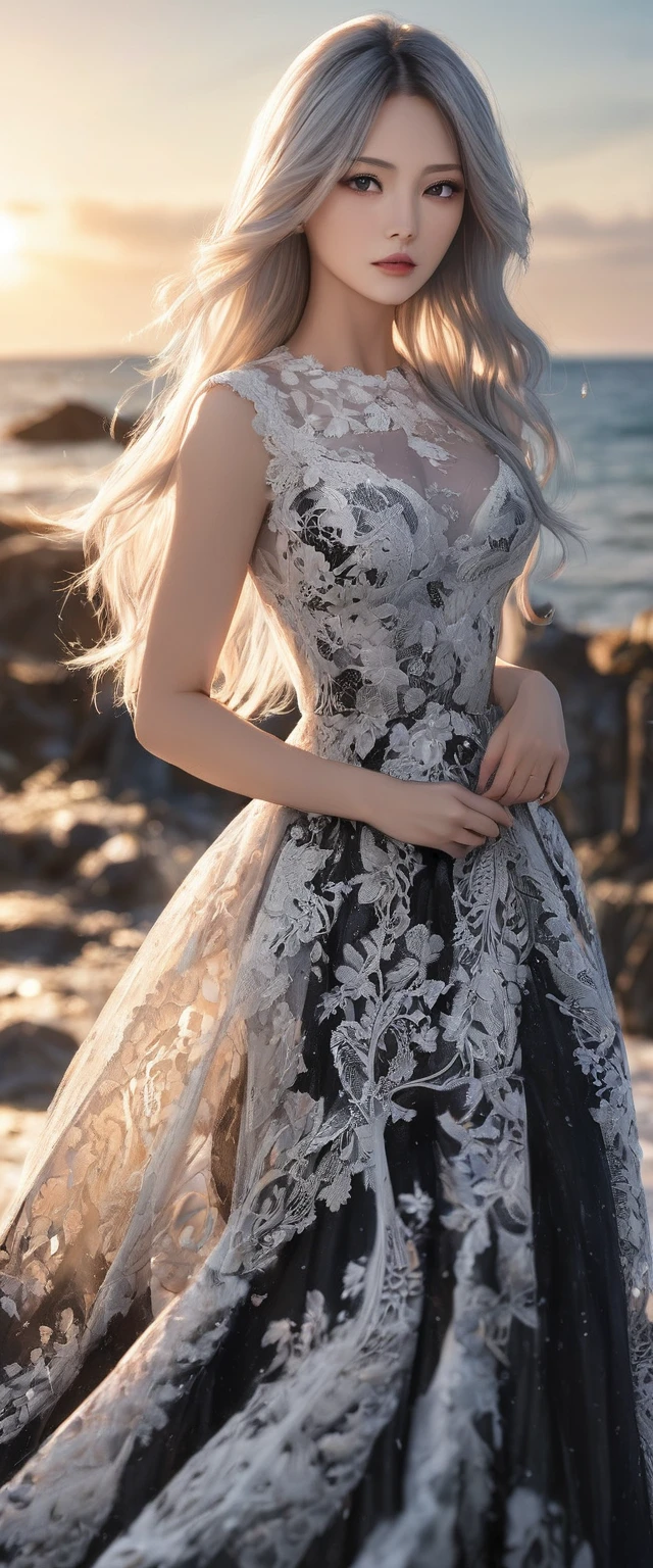 digital portrait, realistic depiction of the human body, RAW photo, one girl, gentle gray eyes, plump lips, An ennui look, huge firm bouncing busts, long white hair, (((Elegant black lace-like line dress, Dense and artistic lace black line dress, beautiful dress, super luxury dress)))、highest quality, super resolution, master piece:1.5, medium depth of field, 50ｍｍlens, cinematic lighting, Backlight, professional photographer, sea side, evening