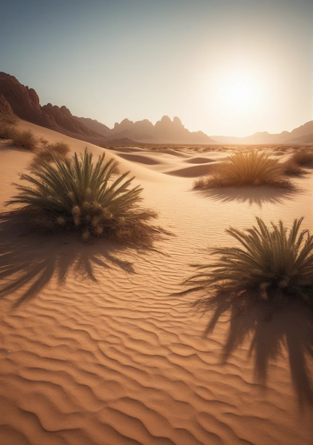 Backlight (masterpiece:1.2) (Highest quality) (detailed) (Complex) (8k) (High resolution) (wallpaper) (Cinema Lighting) (Sharp focus),Desert Punk,Extremely hot summer,Scorching Sunlight,Oasis waterside,landscape