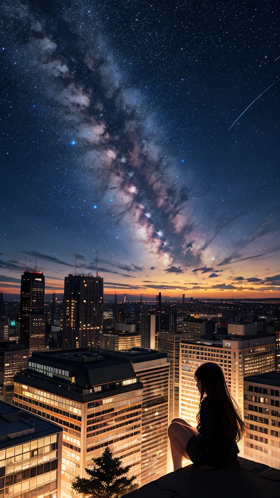 sky, star, landscape, starry sky, night, girl, night sky, solo, outdoor, signature, building, clouds, milky way, sitting, tree, long hair, city, silhouette, cityscape