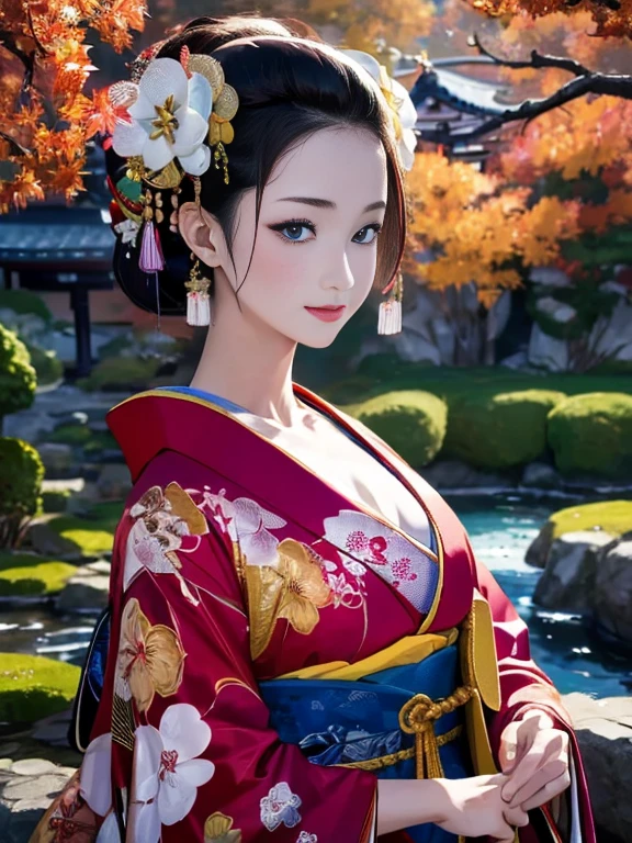 (Highest quality、 8k 、masterpiece、High resolution)、 Japanese painting、Vibrant colors、A woman wearing a kimono、Ample breasts、Hands on chest、(Highly detailed face and eyes,Beautiful Face,Beautiful Eyes,Beautiful nose,Pretty lips)、Dynamic painting technique、Japanese garden、Autumn scenery、autumn leaves、Starry Sky、Detailed Description、