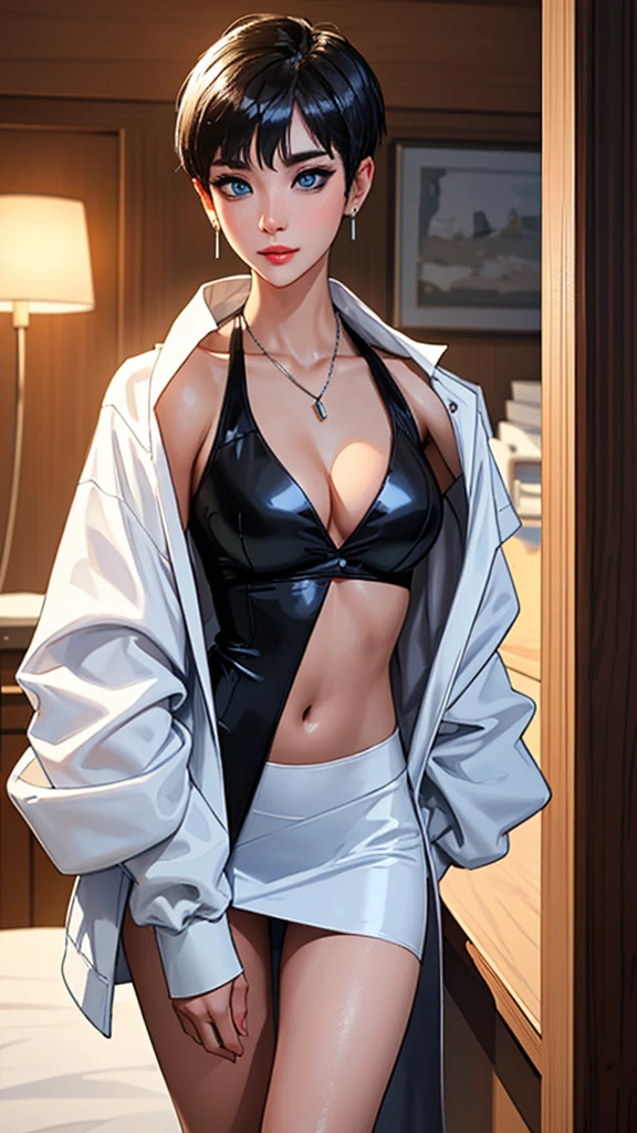 (1woman), (she is a doctor), (high resolution), portrait, Full body, best lighting , (looking at camera), (fair skin) , (wearing white doctor uniform:1.7, ((white doctor uniform))), leaning over, holding stethoscope:1.4, medical fetish, examination, sun-kissed, ((detailed, hospital ward background)), Seductive Woman, (wearing, pendant, blue jewelry , elegant , earrings ), unparalleled masterpiece ever, ((Perfect appearance)), (cute small breasts, thin waist), Detailed realistic breasts, (Colossal tits), cleavage, (Beautiful skins), (slick skin), Detailed realistic hair, Detailed realistic hands, Detailed realistic arms, Perfect human body ratio, well-shaped navel, Super beautiful face:1.2, (apply make up, false eyelashes) ,((Beautiful eyes, blue eyes )), (detailed eyes), ((big eyes)), detailed eyes, (((sleek pixie cuts)), beautiful black hair, short ) , (facial expression, embarrassed , seductive smile), depth of fields, retinas, masterpiece, ((accurate)), Anatomically correct, best lighting,Textured skin, Super Detail, high details, High quality, award-winning, Best Quality, hight resolution, 1080p, hard disk, 4K, 8K, Sultry body with sexy belly, Gorgeous young Korean woman, Beautiful Asian Girl, beautiful Korean women, Sexy body, Korean Girl, gorgeous Chinese model, Beautiful young Korean woman, model with attractive body, smooth body, Beautiful Asian Woman, (Attractive body),