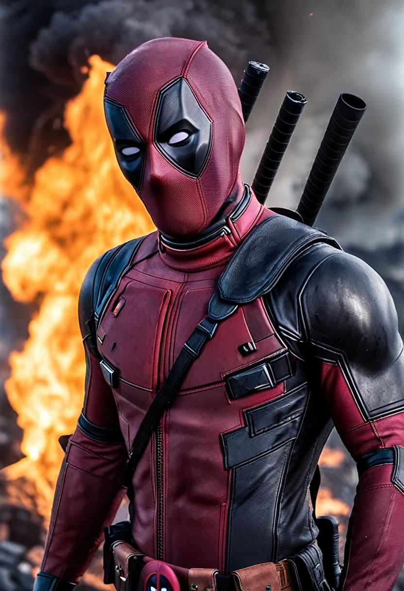 Marvel - Deadpool, close-up photo, the context of victory in the great war, smoke and fire