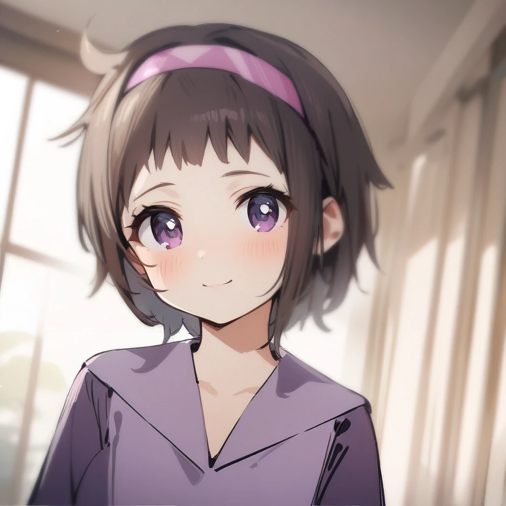 ((masterpiece)), ((Highest quality)), ((High resolution)), ((1girl)), alone, ((Cute girl)), ((A beautiful 14-year-old young girl)), ((She has a baby face and looks like an elementary school girl.)), (Beautifully detailed face), (bob cut), Pink headband, ((Brown Hair)), ((Wisteria dress)), ((light smile))