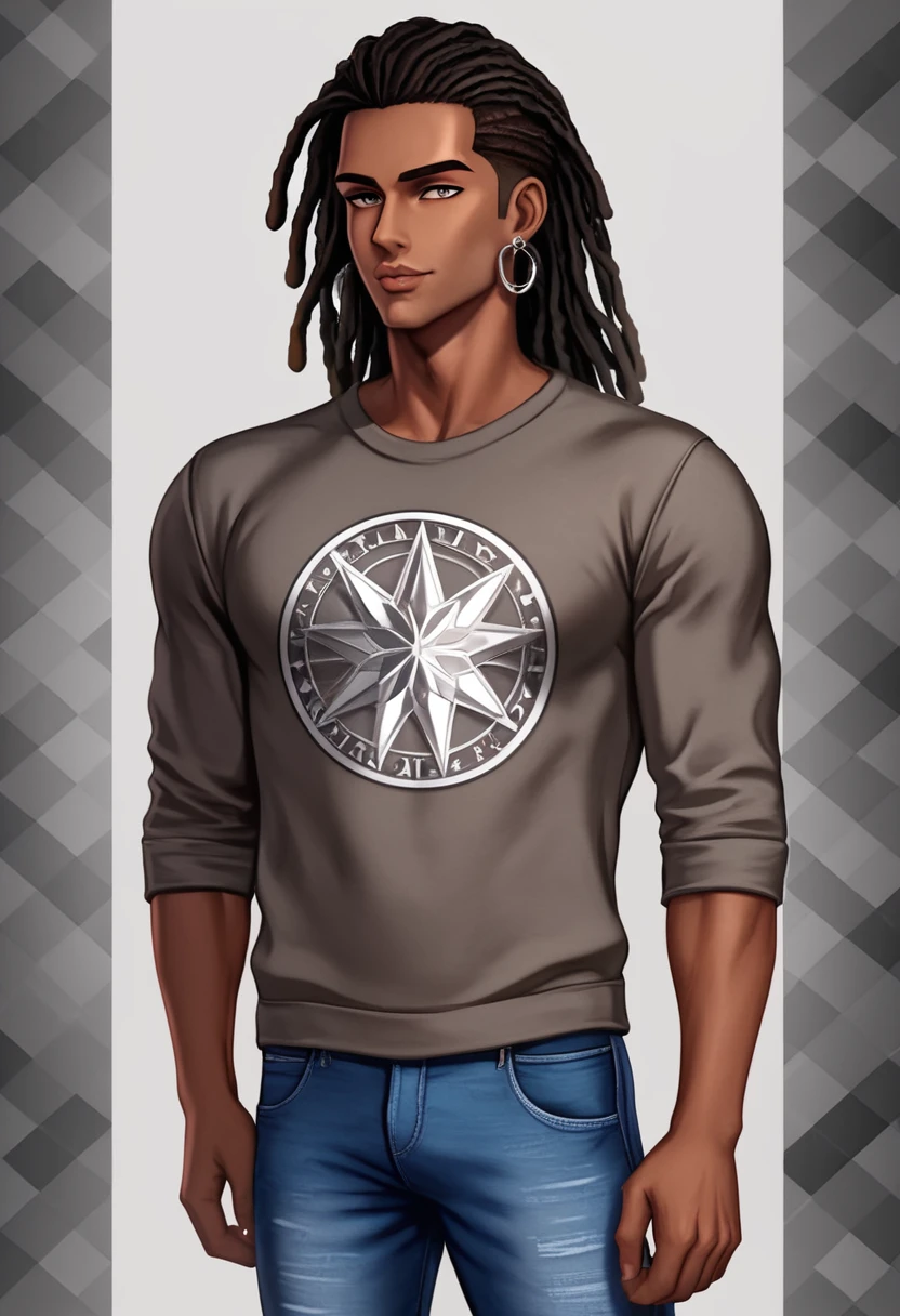 (masterpiece:1.2), (best quality), (ultra detailed), (8k, 4k, intricate),(half-body-shot:1), (highly detailed:1.2),(detailed background:1.2),((dark skin, handsome face,lips)) An man with black colored dreadlocks wearing a dark brown sweatshirt and jeans, street clothing, casual clothing, silver earrings