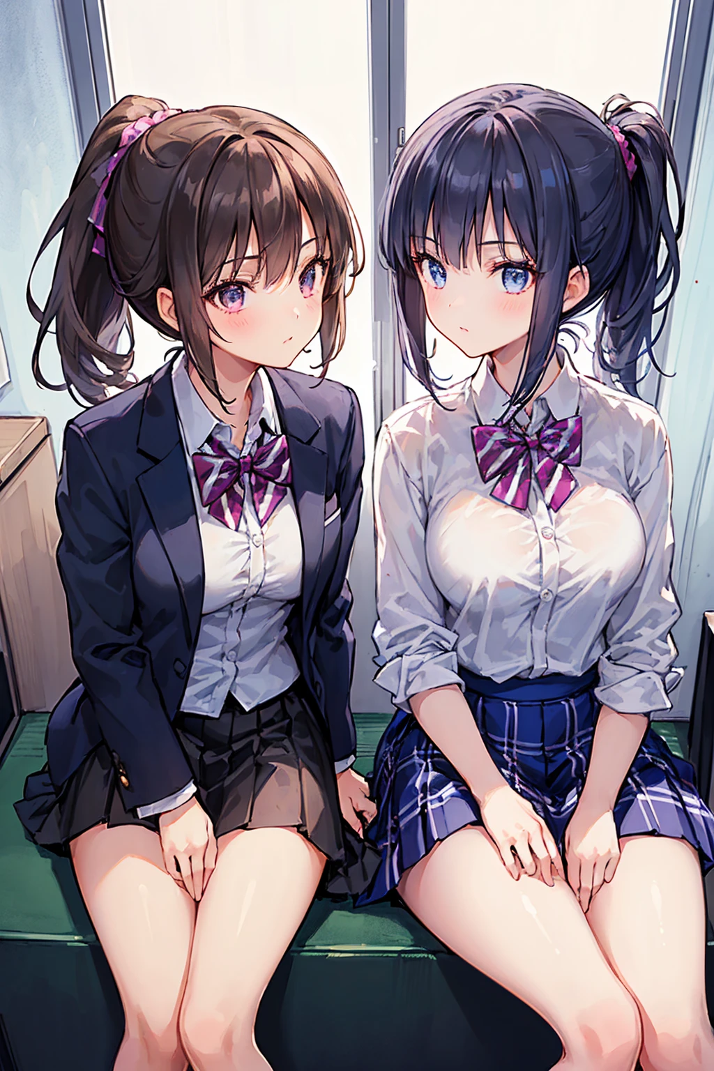 ((Highest quality)), ((masterpiece)), (detailed), Perfect Face, Beautiful Face, Highest quality, ultra expensive resnatural light, Glowing Skin, detailed skin, detailed face, detailed eyes, (2 girls), ((Two girls staring at each other)), A girl with black straight hair and a girl with a pink ponytail, Japanese expensive school girl, expensive , Blazer and checkered skirt