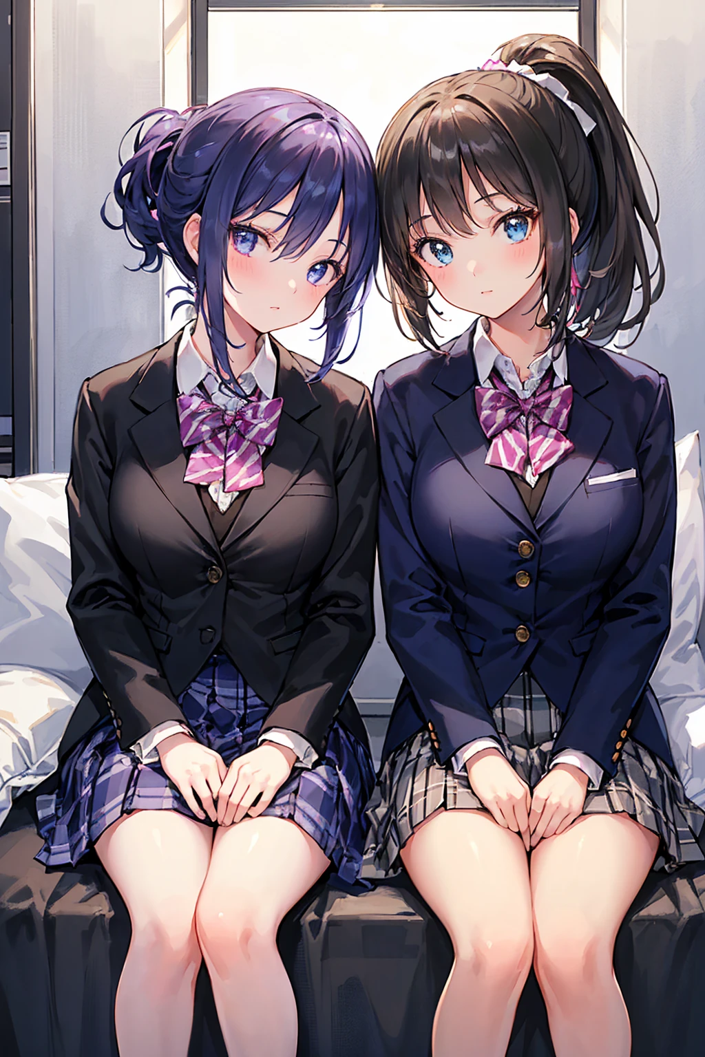 ((Highest quality)), ((masterpiece)), (detailed), Perfect Face, Beautiful Face, Highest quality, ultra expensive resnatural light, Glowing Skin, detailed skin, detailed face, detailed eyes, (2 girls), ((Two girls staring at each other)), A girl with black straight hair and a girl with a pink ponytail, Japanese expensive school girl, expensive , Blazer and checkered skirt