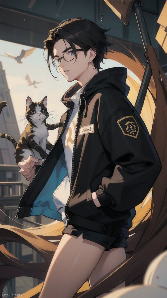 19 years old male, White Asian, Wavy chestnut black hair with subtle highlights, Oversized black hooded jumper with cat graphic, Wearing black corduroy shorts, Oversized black round framed glasses, Slanted blue eyes.
