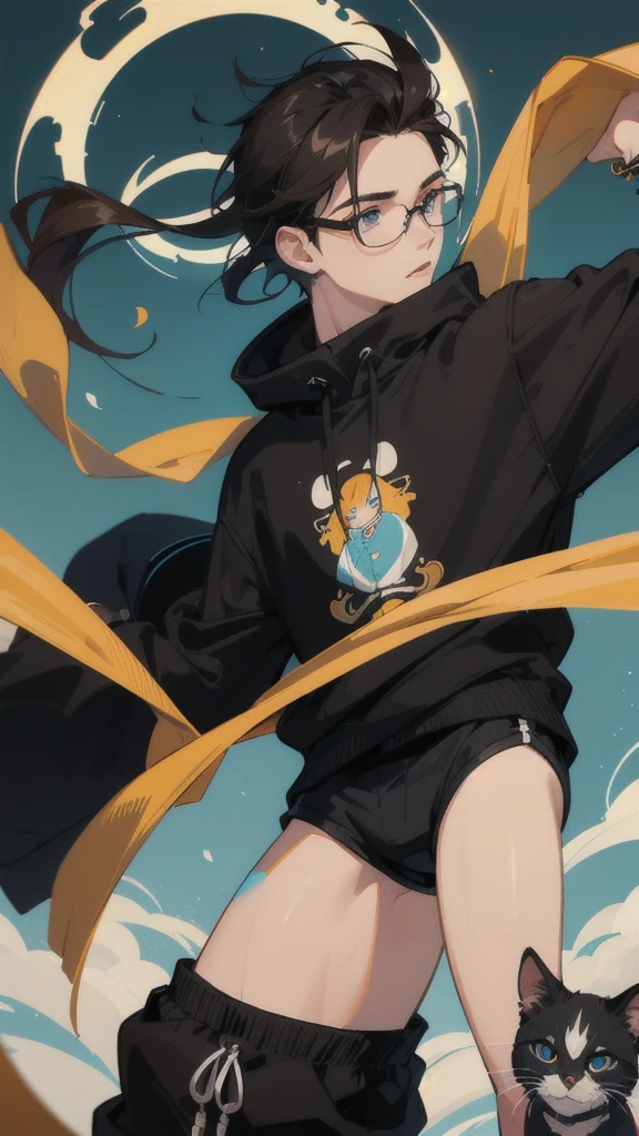 19 years old male, White Asian, Wavy chestnut black hair with subtle highlights, Oversized black hooded jumper with cat graphic, Wearing black corduroy shorts, Oversized black round framed glasses, Slanted blue eyes.