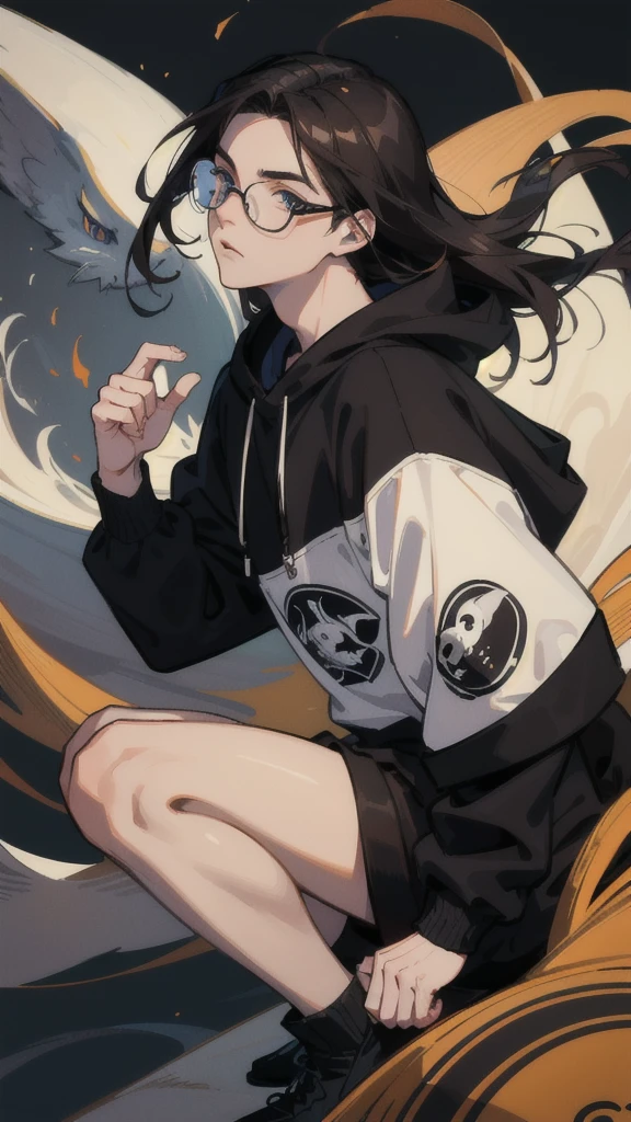 19 years old male, White Asian, Wavy chestnut black hair with subtle highlights, Oversized black hooded jumper with cat graphic, Wearing black corduroy shorts, Oversized black round framed glasses, Slanted blue eyes.