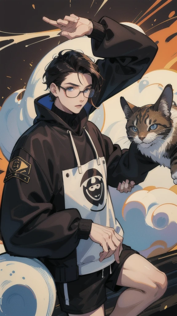 19 years old male, White Asian, Wavy chestnut black hair with subtle highlights, Oversized black hooded jumper with cat graphic, Wearing black corduroy shorts, Oversized black round framed glasses, Slanted blue eyes.