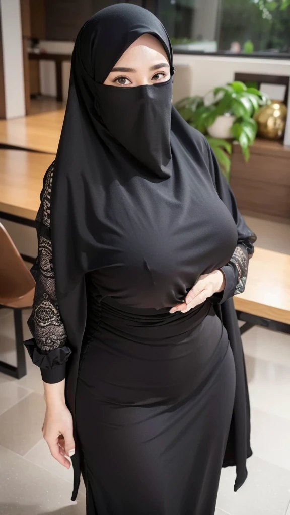 8K, high quality, nice lighting, soft lighting, realistic, dark eyes, sexy, big breasts, thighs, wide hips, arabic dress, black dress, Jewelry, sexy lady, asian, hijab, niqab, sexy pose, showing big thighs, nice body, natural largest breast, wearing rings for woman, office girl, sexy posing, hand sock, mature woman