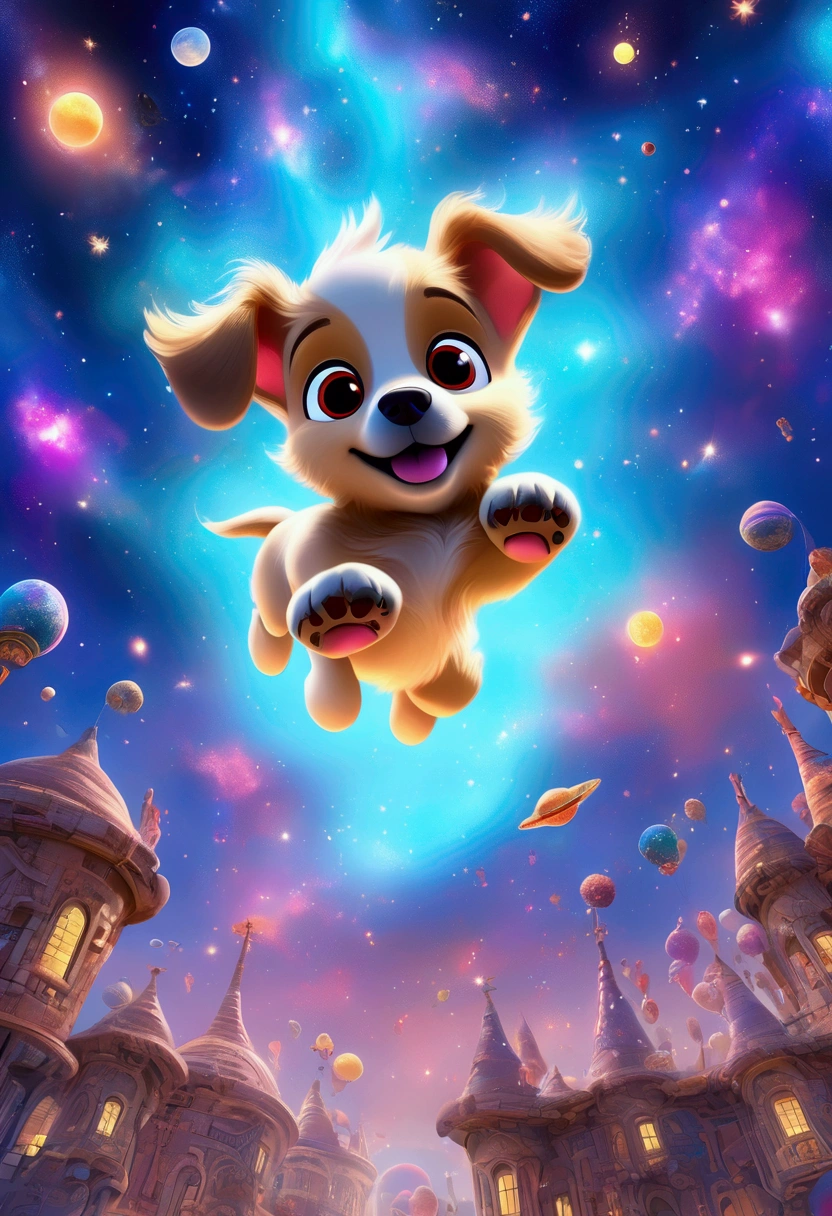 (Flying Puppy), sky, in Starry Solstice, inspired by the glow of colorful distant celestial bodies, lighting up the night sky with a gentle hint of warmth and longing for the beauty that exists far beyond our reach, full body, award-winning, cinematic still, emotional, vignette, dynamic, vivid, (masterpiece, best quality, Professional, perfect composition, very aesthetic, absurdres, ultra-detailed, intricate details:1.3)