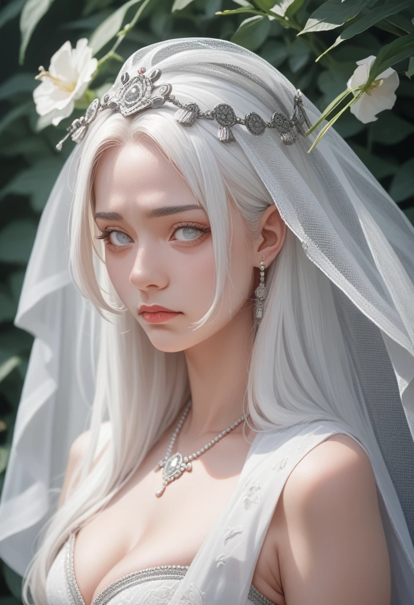 a veil on her head, Grey Veil, White hair, Off-white, Gouvezi art style, Arrogant and indifferent girl, Half squinted, White eyes球, White eyes, Ethnic style, Off-white