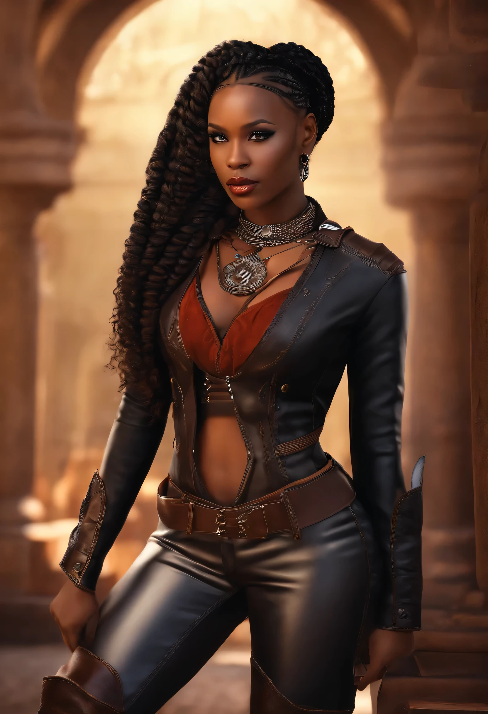 (masterpiece, best quality), deep ebony 1 girl, pretty face, leathers, braided hair, collared, boots,