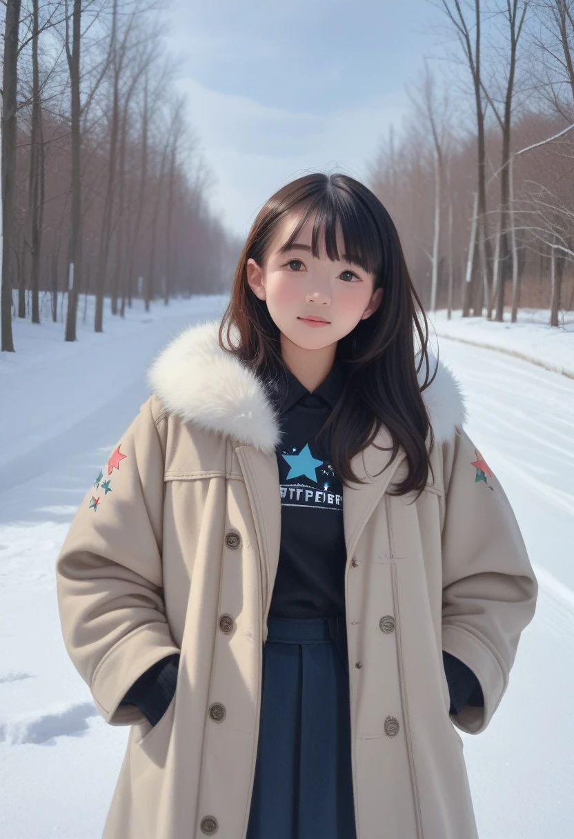 realistic photos oF (1 cute Korean star) Shoulder-length hair, Light makeup, Medium breast size, Wearing a coat, In the snow, clear Facial Features, 8K high resolution, Crisp, lifelike details.From outside, Eye level shooting, F/4.0, 135 mm, Fujifilm, jpeg artiFacts, Jitter, Ultra HD, masterpiece