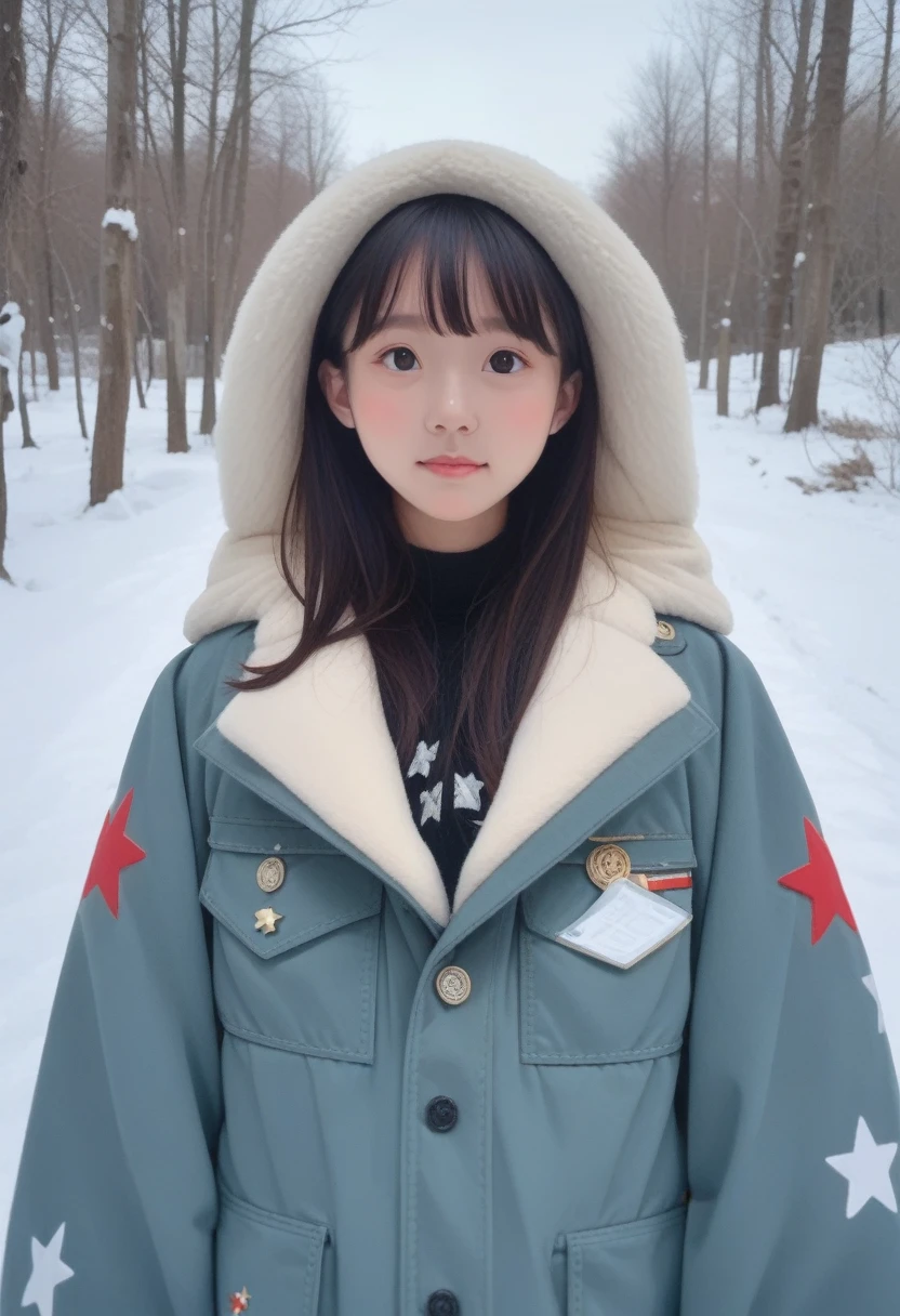 realistic photos oF (1 cute Korean star) Shoulder-length hair, Light makeup, Medium breast size, Wearing a coat, In the snow, clear Facial Features, 8K high resolution, Crisp, lifelike details.From outside, Eye level shooting, F/4.0, 135 mm, Fujifilm, jpeg artiFacts, Jitter, Ultra HD, masterpiece