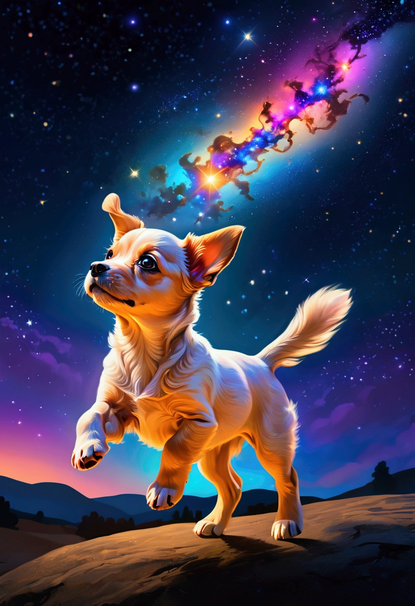 (Flying Puppy), sky, in Starry Solstice, inspired by the glow of colorful distant celestial bodies, lighting up the night sky with a gentle hint of warmth and longing for the beauty that exists far beyond our reach, full body, award-winning, cinematic still, emotional, vignette, dynamic, vivid, (masterpiece, best quality, Professional, perfect composition, very aesthetic, absurdres, ultra-detailed, intricate details:1.3)