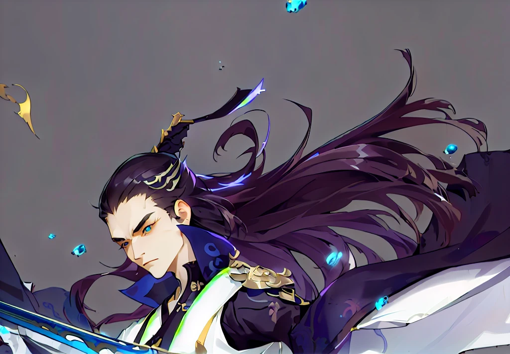 anime girl holding a sword on a blue background, heise jinyao, 《Genshin Impact》Keqing, zhao yun, 《Genshin Impact》Zhongli, Genshin Impact角色, Inspired by Huang Shen, inspired by Guan Daosheng, Onmyoji Portrait, The handsome guy in Demon Slayer, xianxia hero