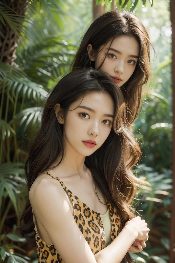 (((best quality))),(((ultra detailed))),(((masterpiece))),illustration,((1 beautiful girl,solo)),(shoulder length messy hair:1.2),((slim,thin)),((small breasts,flat chest)),(slender legs:1.2),fair complexion,((leopard print tank top,leopard print mini skirt)),seductive,wild spirit,lush forest,primitive,tall trees,green canopy, sunlight filter,scent of earth,bird chirping,small creatures,secluded spot,captivating,enigmatic,raw energy,untamed spirit,morden day Eve,Garden of Eden,playful,adventurous,striking appearance,exotic setting,summertime,heat,humidity,vibrant colours,endless possibilities,exquisite detail,expansive wilderness,feminine allure,((from front,upper body))