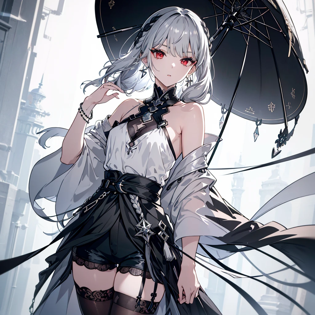 8k,High resolution RAW color art,Anime Art, (((Very detailed and cool))), Detailed skin, Blur、texture,(Exquisitely crafted, The finer details, Ultra-detailed art), (((1 girl))), Depth of written boundary, Silky Touch, Hyper Detail, (((Cool face))), eye shadow、Silver Marble Skin, Beautiful detailed red eyes, Beautiful lip detail, Very delicate face, Delicate depiction of hair and eyes, Detailed Fashion, Silver earrings,Silver Bracelet、Full body depiction, Black half top、(((Shoulder Bare)))、Black shorts、black waist cloak、black tights、 A little bit of grey hair, Straight Hair、Semi-long hair、(((Hair)))、water surface、silk clotheatte