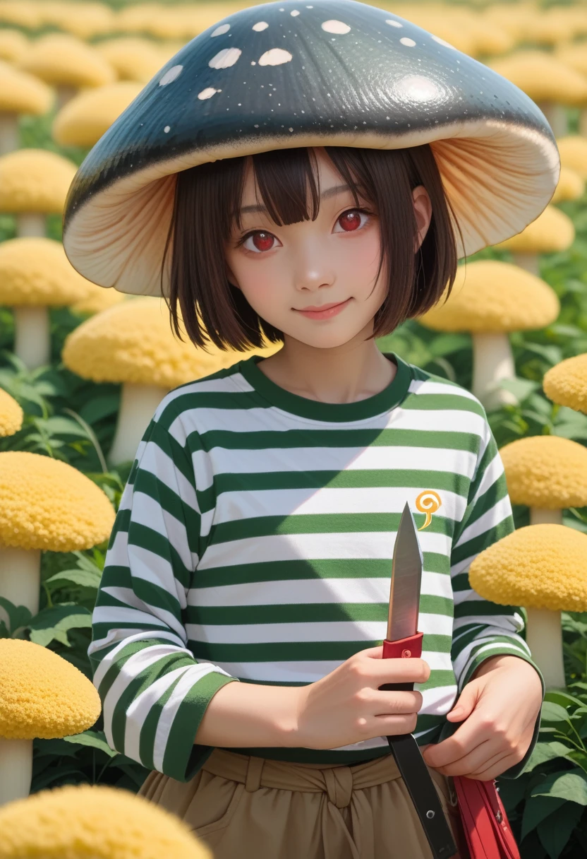 Red Eyes, girl, Holding a knife, Chartreuse striped shirt,Thicker stripes, Red Eyes闪着红光, Head tilt, Brown short hair mushroom head, With a big smile on your face, Chara, 2D, Standing among golden flowers,There is a beam of light overhead