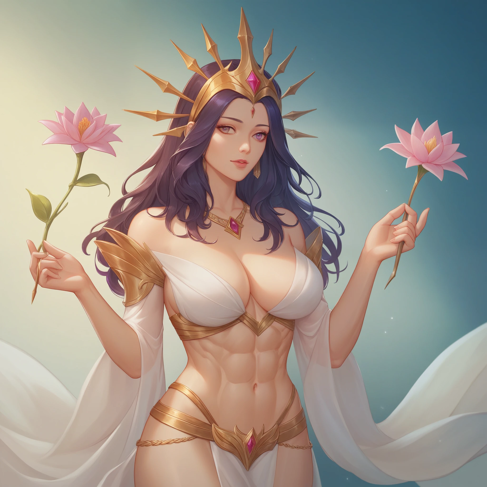 a closeup of a woman in a sexy transparent white gold low-cut lace tank with cleavage and large breasts with a lotus flower in her hand, headdress, purple necklace, jade belt , Toned abs, a beautiful fantasy empress, ((a beautiful fantasy empress)), beautiful celestial mage, beautiful character painting, Full Body Xianxia, Portrait Knight of the Zodiac Girl, by Yang J, G Liulian art style, fantasy art style, Shortening